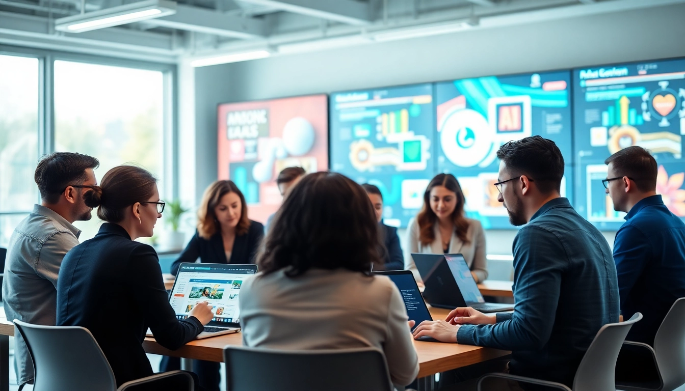 Utilizing AI design tools for businesses in a modern office environment for creative collaboration.