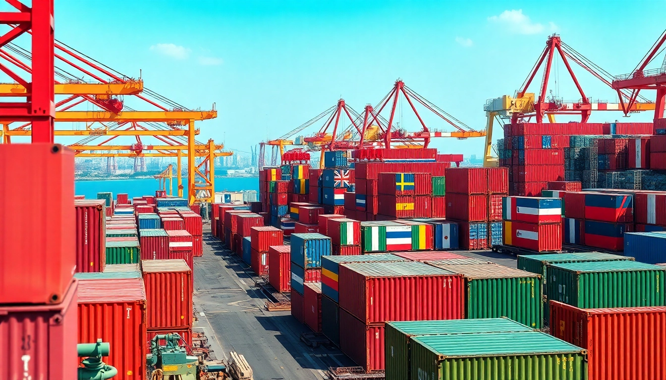 Visualizing export tariffs impact in a bustling trade port filled with colorful shipping containers.
