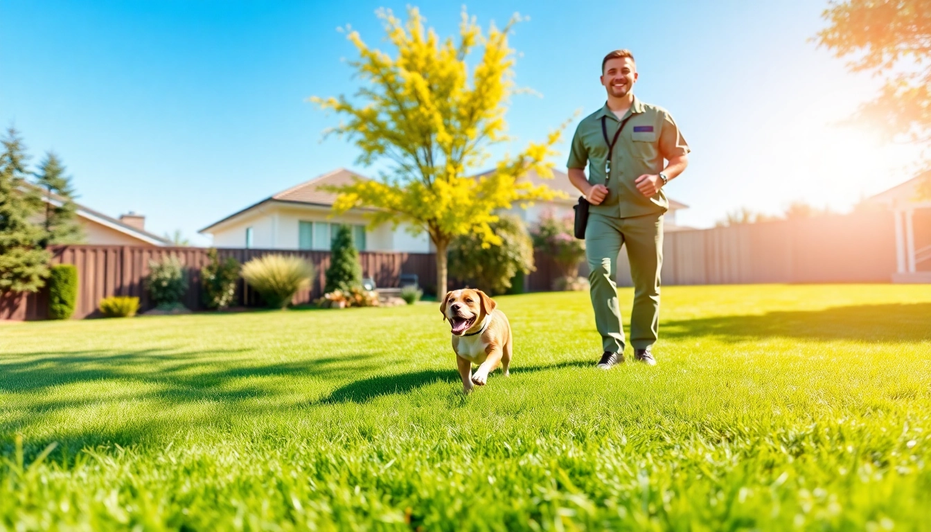 Efficient dog poop pickup service with a technician in a clean backyard.