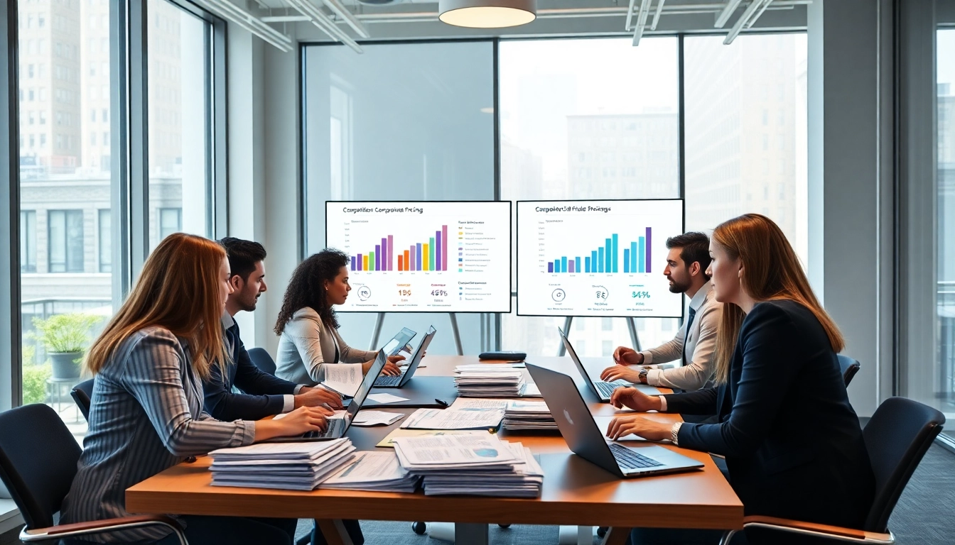 Analyze competitor pricing research through a business meeting featuring data presentations.