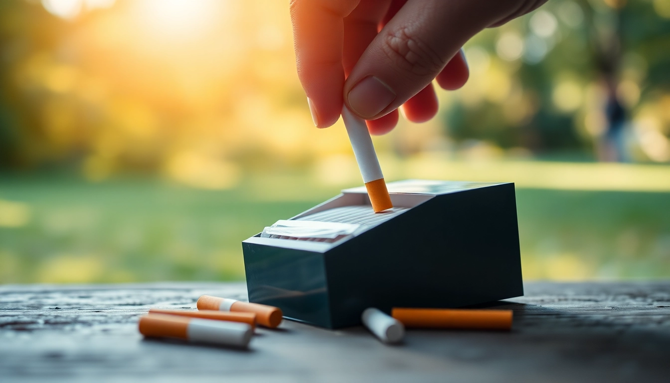 Showcase nicotine free cigarettes in a tranquil park setting, emphasizing relaxation and health.