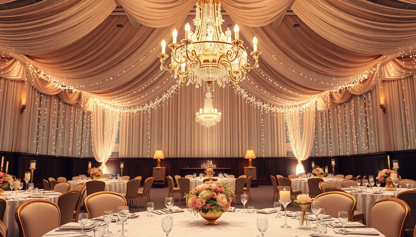 Celebrate special moments at le prestige hall with elegantly decorated tables and sparkling chandeliers.