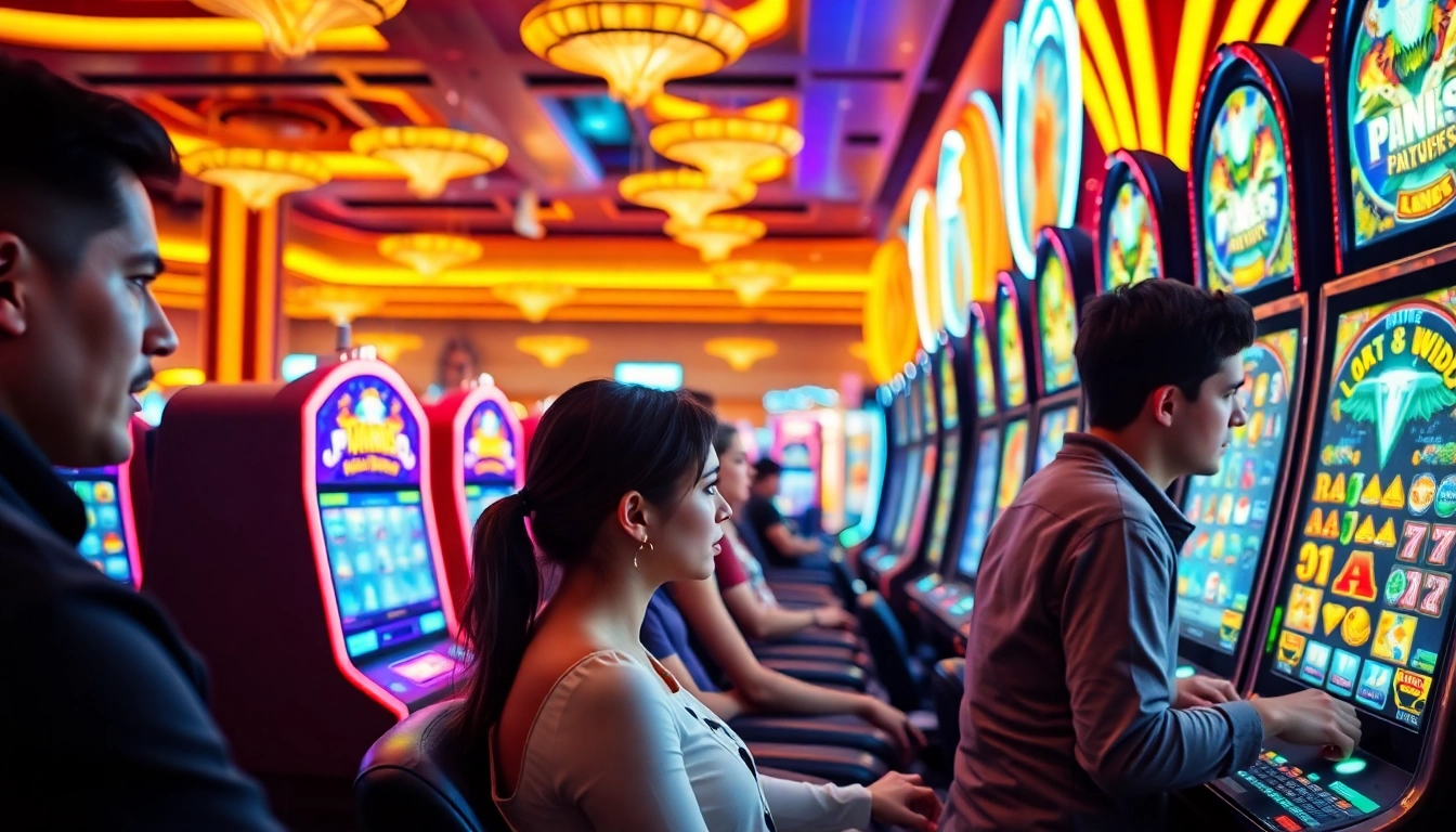 Login batman138 dengan suasana kasino yang ramai, fokus pada mesin slot yang berwarna-warni.