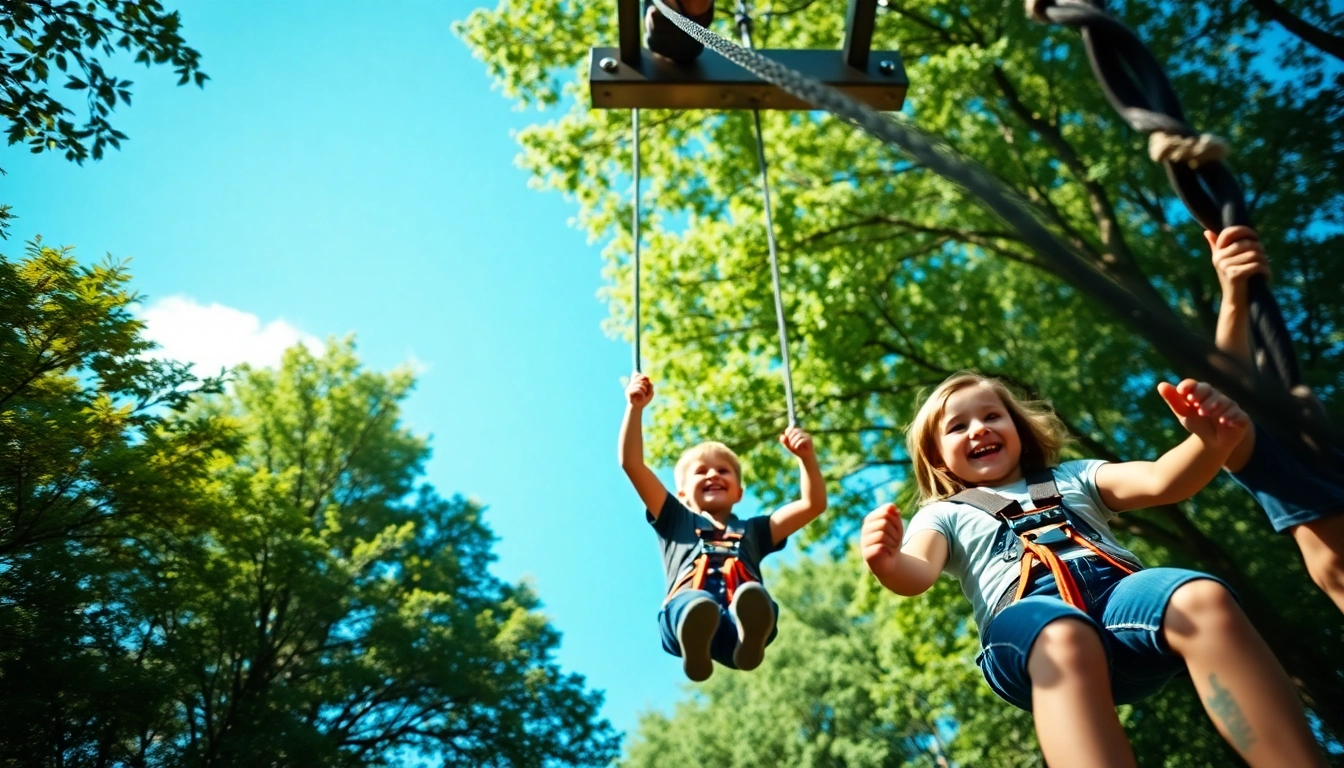 Kids zooming on ZIP WIRE KITS against a vibrant wooden backdrop, showcasing outdoor fun and adventure.