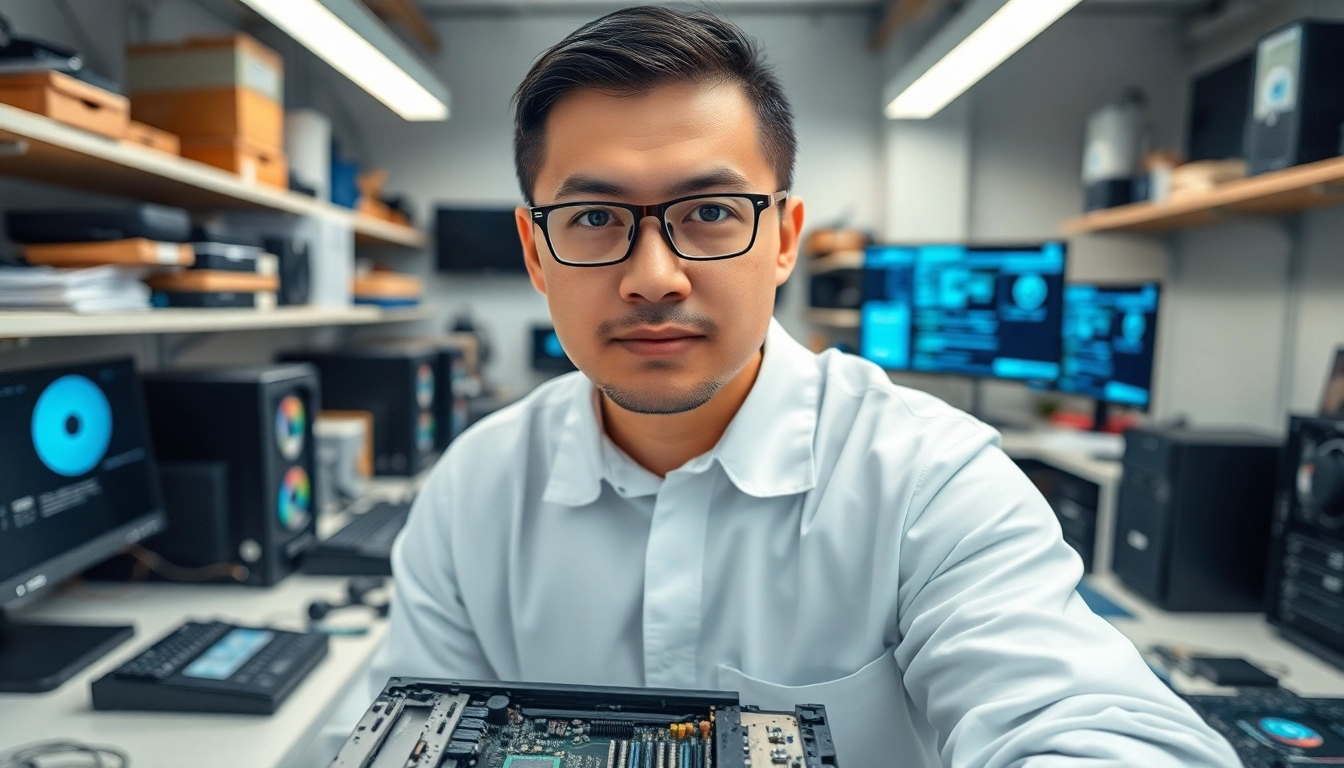 Technician performing computer repair in a professional workshop with tools.