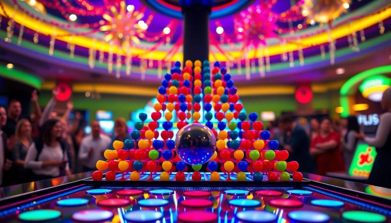 Играйте в plinko с падающим шариком в яркой атмосфере казино.