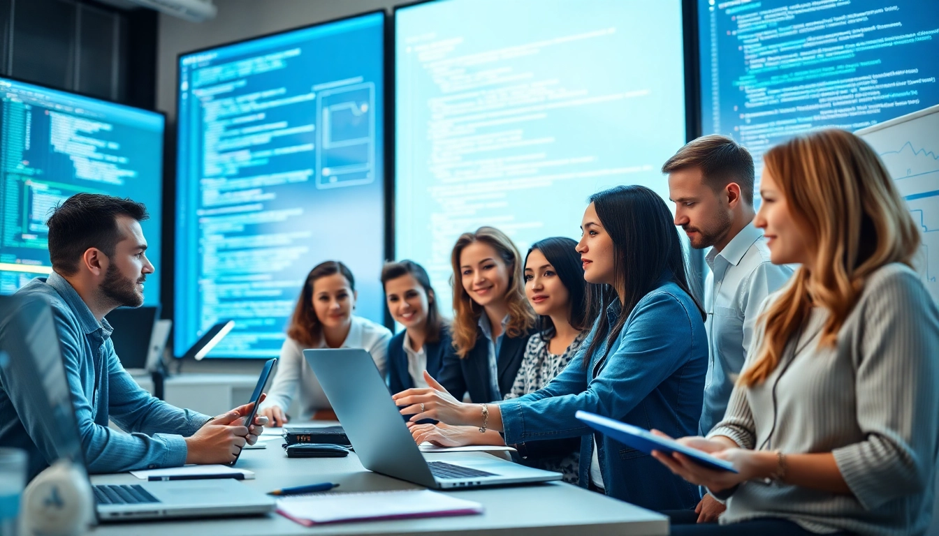 Engaged web development team collaborating with technology in a creative office