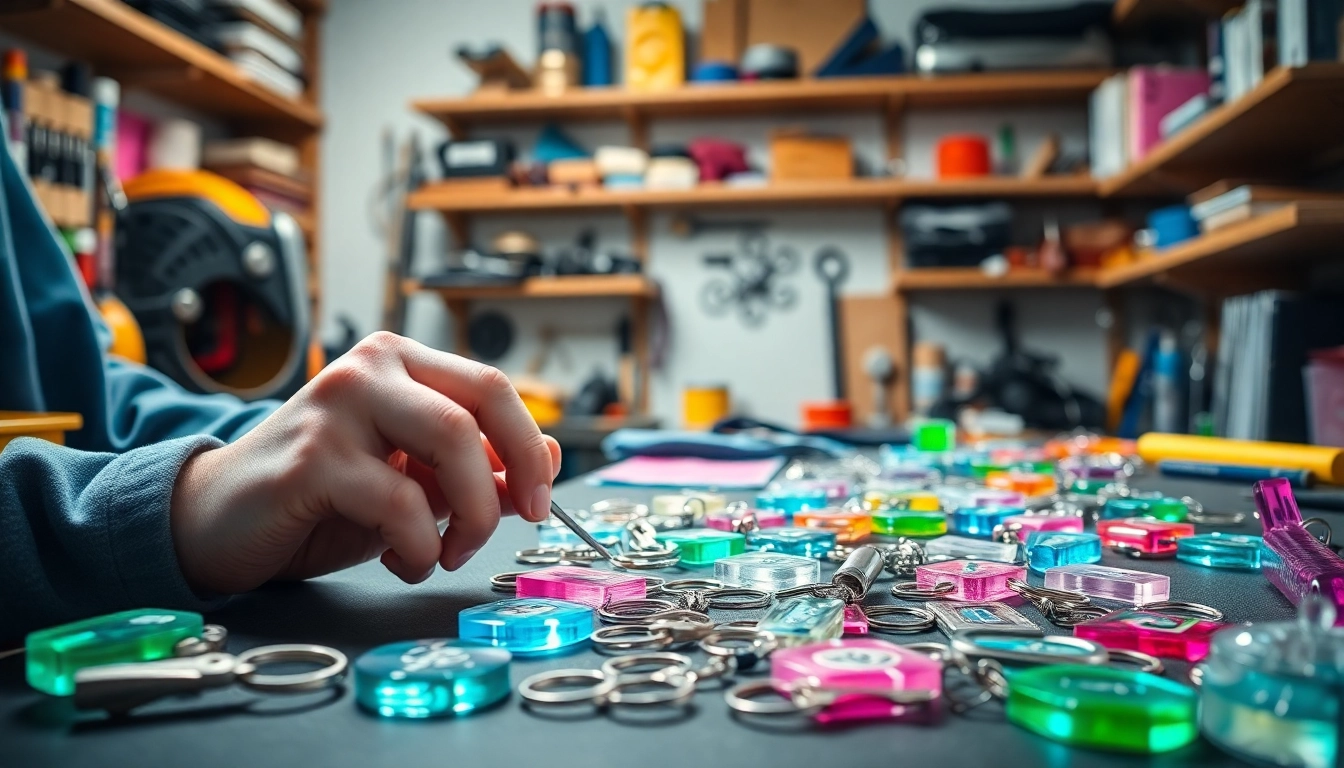 Acrylic keychain maker crafting vibrant, custom designs in a creative workshop setting.
