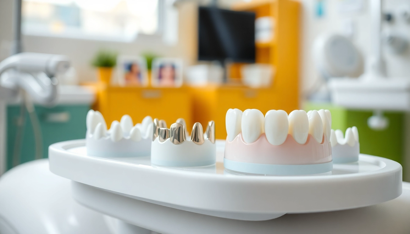 Showcasing various crowns in a professional dental setting emphasizing quality and care.