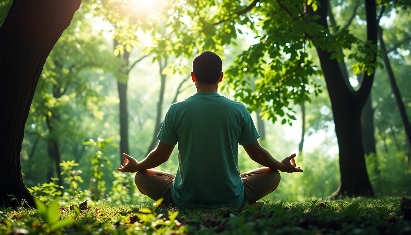 Person meditating in a peaceful forest symbolizes healing trauma through serenity and nature.