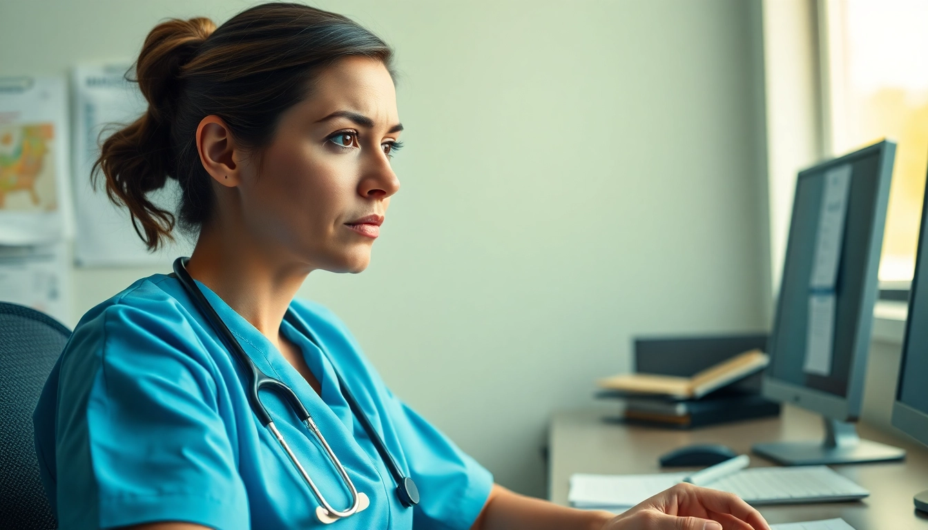 Addressing Problems with VDAP for Alabama Nurses, a nurse looks concerned in her office.