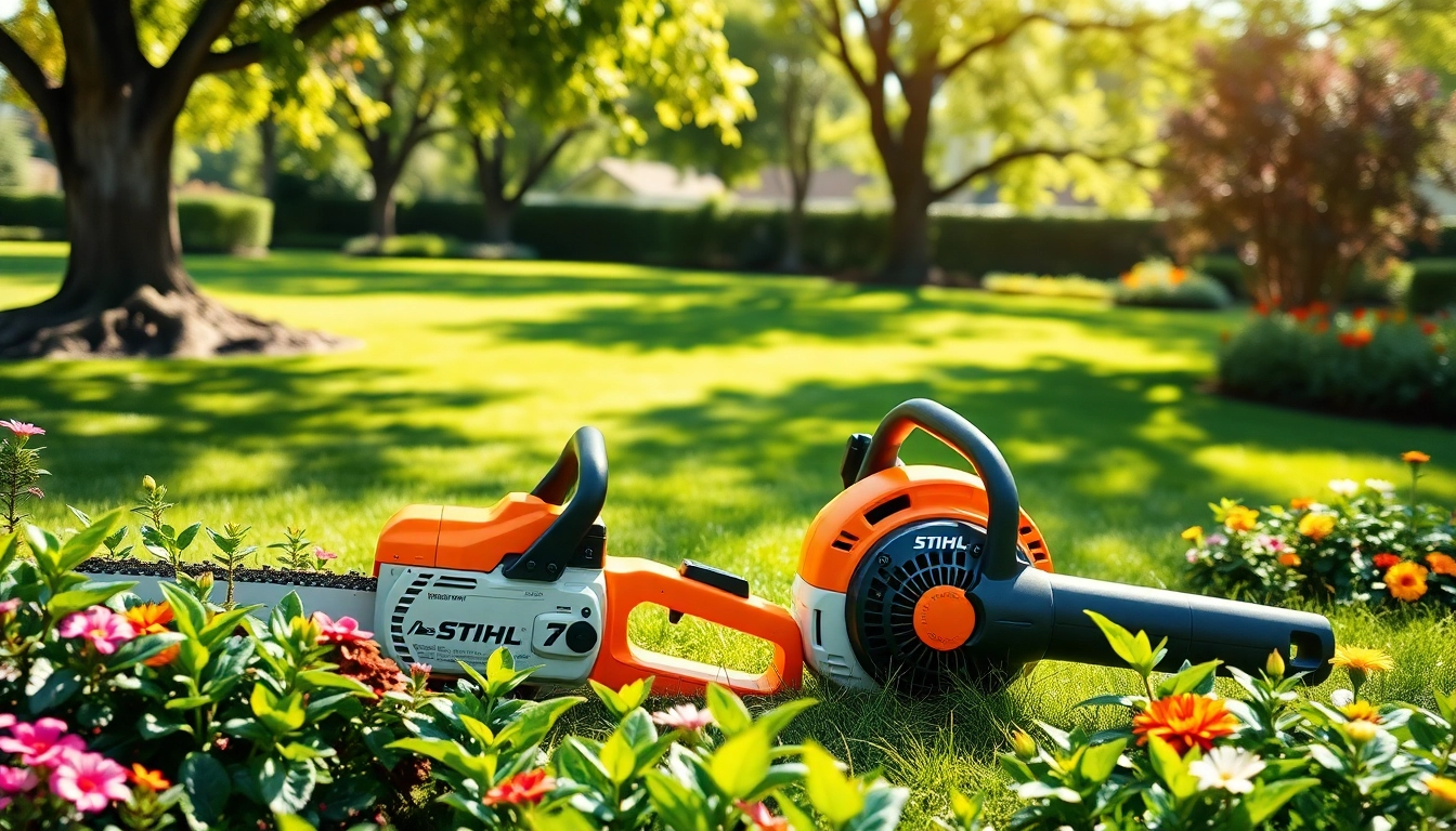 Stihl Werkzeuge in einem Garten, umgeben von lebhaften Pflanzen und Blumen, professionell arrangiert.