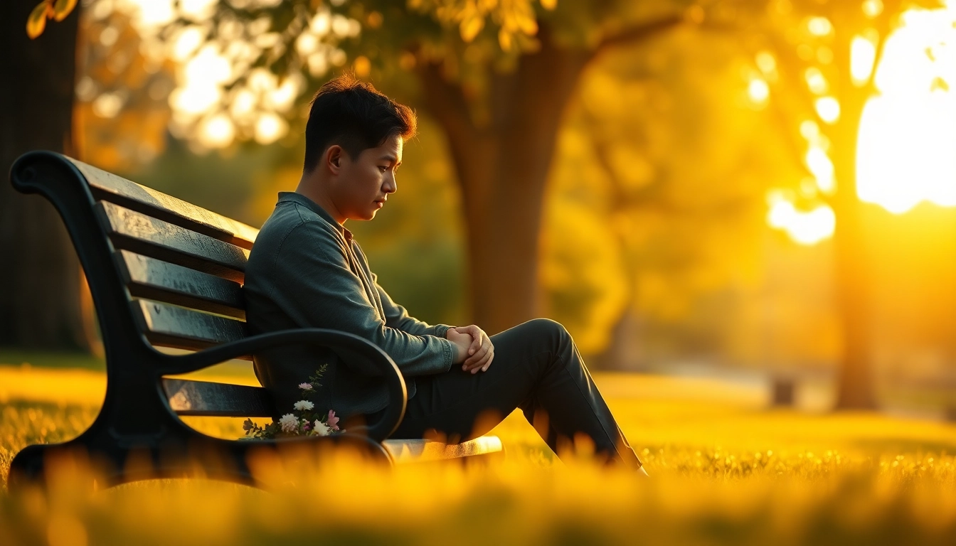 Person reflecting while dealing with grief on a park bench, surrounded by nature.