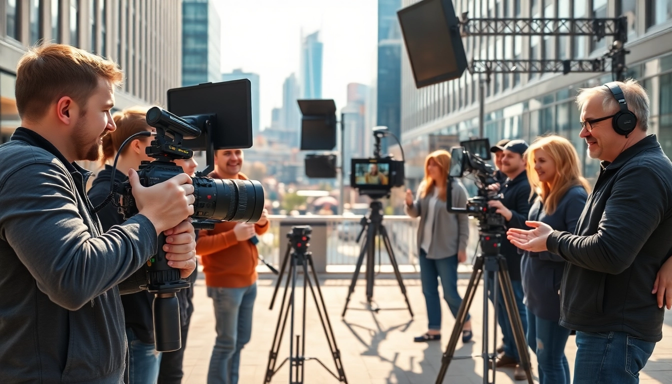 Edmonton production companies collaborating in a vibrant urban setting with equipment and crew.