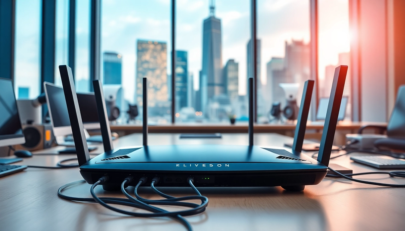 Showcase featuring a 5G Router in a modern office, illustrating connectivity and technology.