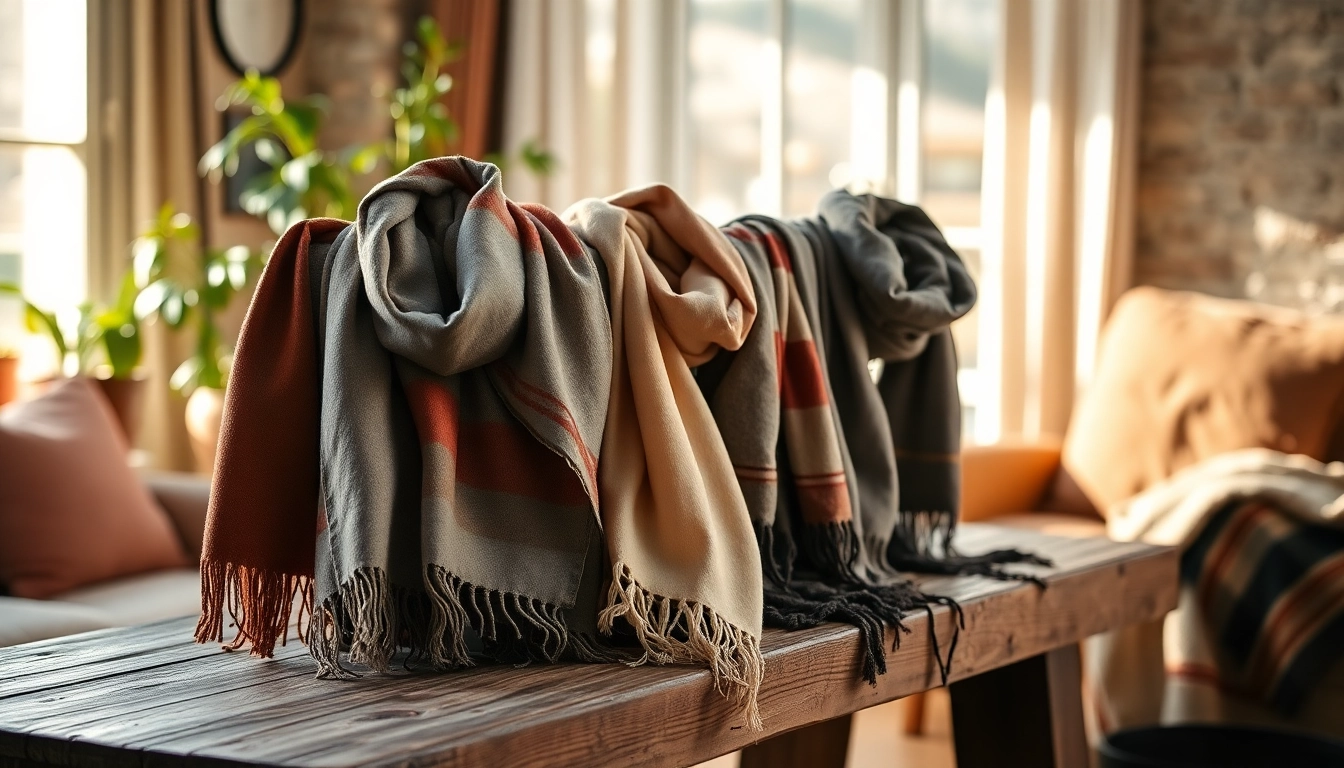Find stylish scarves near me showcased in a cozy setting with warm lighting.