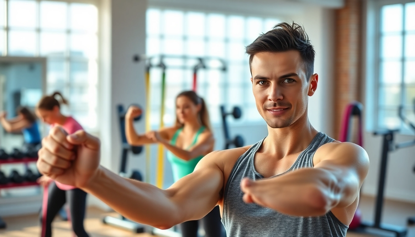 Engaging weight loss exercise program demonstration by a fitness instructor in a bright gym.