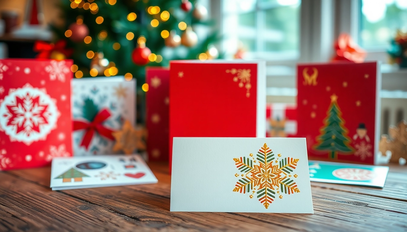 Illustration of holiday cards London decorated on a wooden table, showcasing vibrant designs.