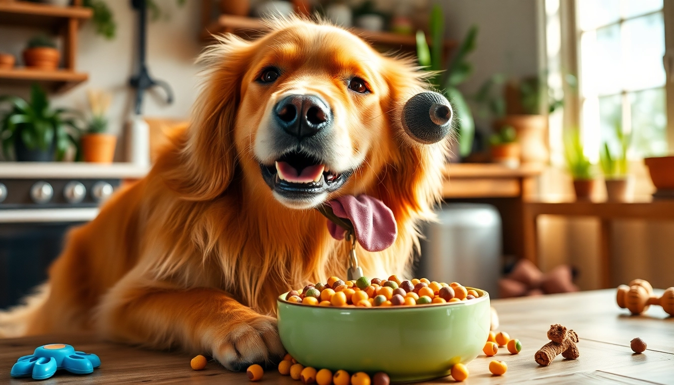 Golden retriever enjoying nature's blend dog food Canada in a cozy kitchen.