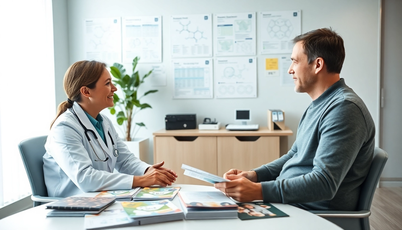 Engaging discussion about Peptide Therapy between a doctor and patient in a modern clinic setting.