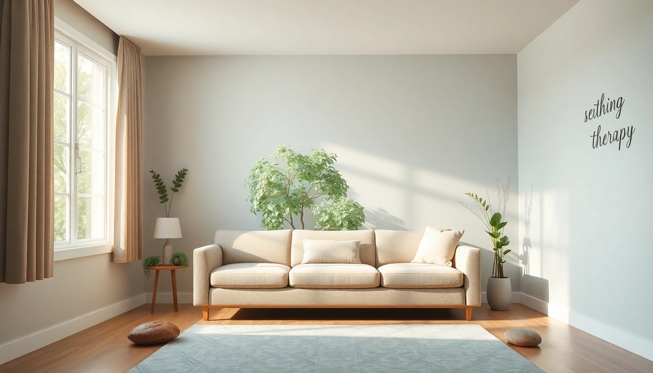 Artistic depiction of healing trauma in a calming therapy space with serene lighting.