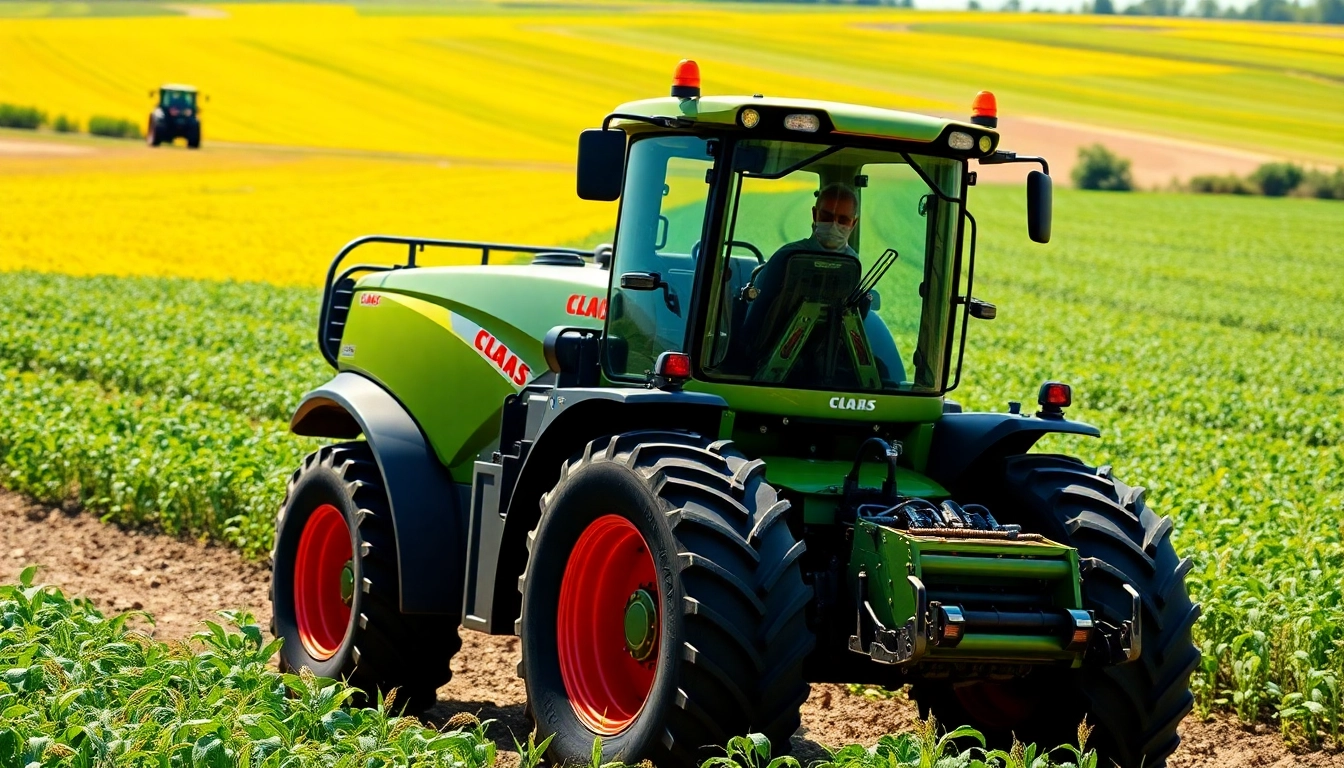 Claas-Traktor in einem lebhaften Landwirtschaftsszenario mit fruchtbarem Ackerland.