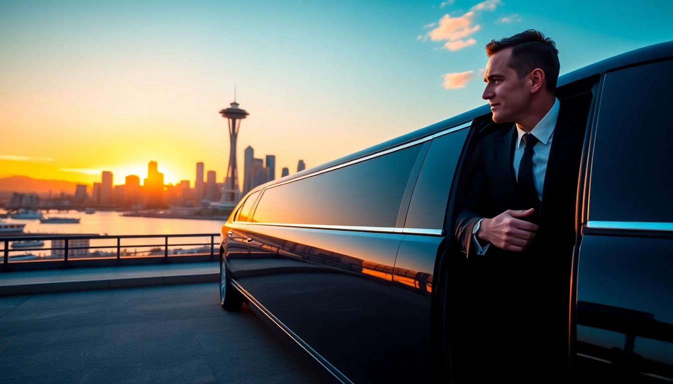 Experience luxury with Vancouver to Seattle Limo Service, featuring an elegant limo and Seattle skyline.