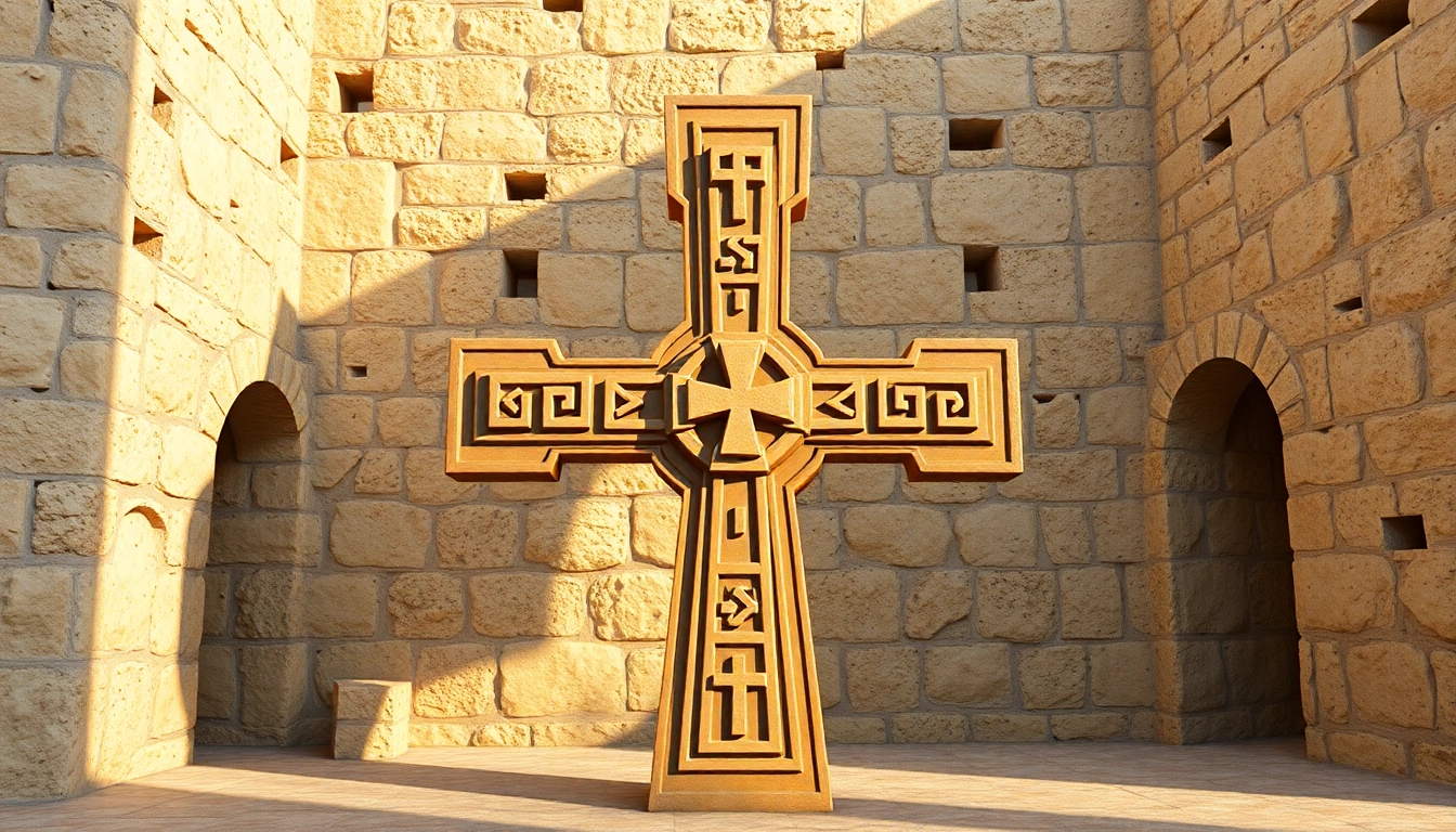 Exquisite Jerusalem crosses depicted against ancient stone walls, highlighting their historical significance.