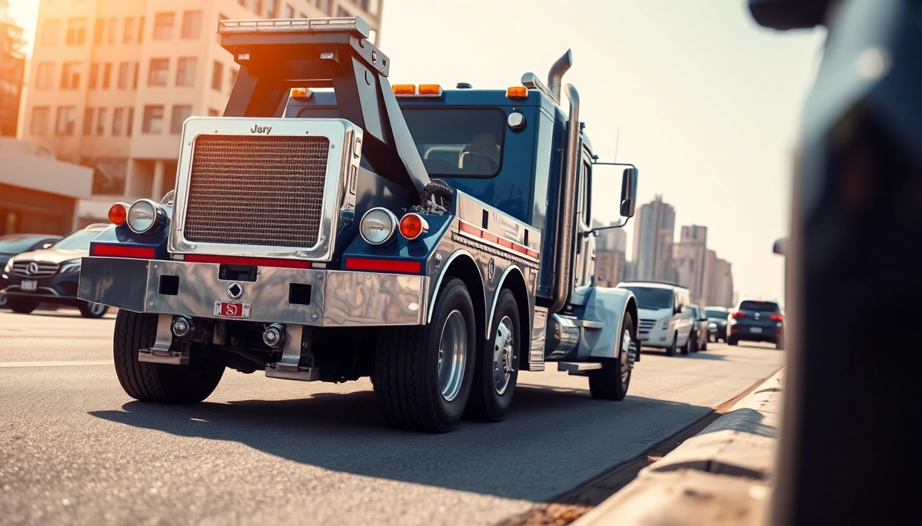 Showcasing a powerful Jerr Dan tow truck in an urban roadside environment with exceptional detailing.