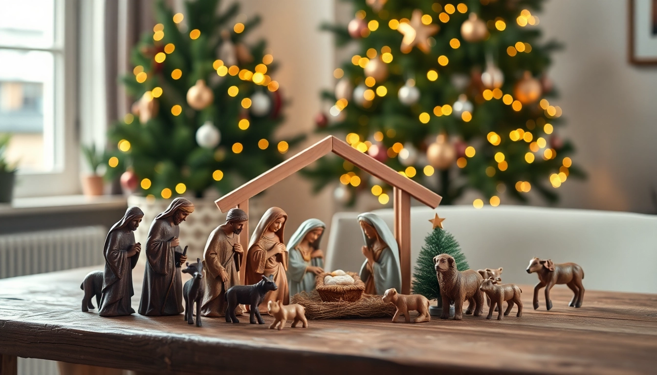 Beautifully detailed Nativity sets displayed on a rustic wooden table with soft lighting.