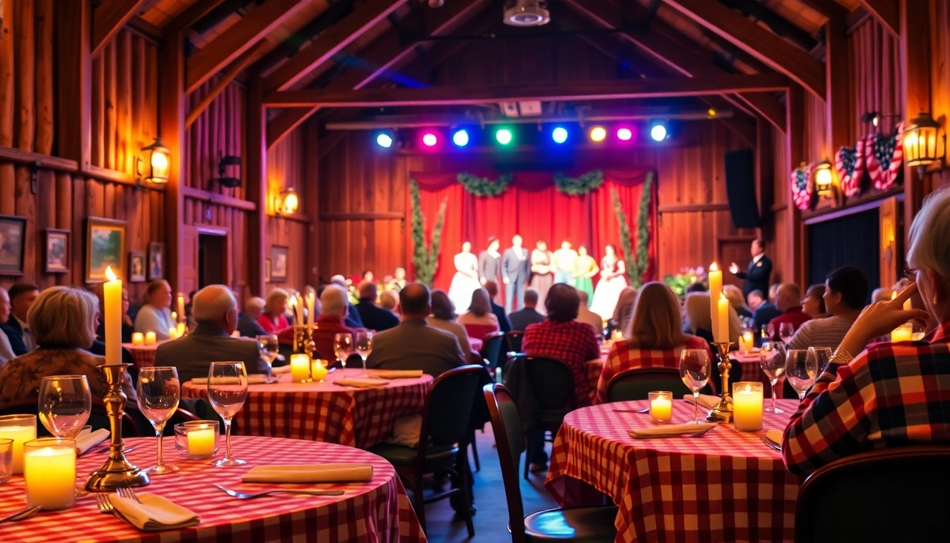 Experience the lively performance at barn dinner theater with rustic decor and engaged audience.