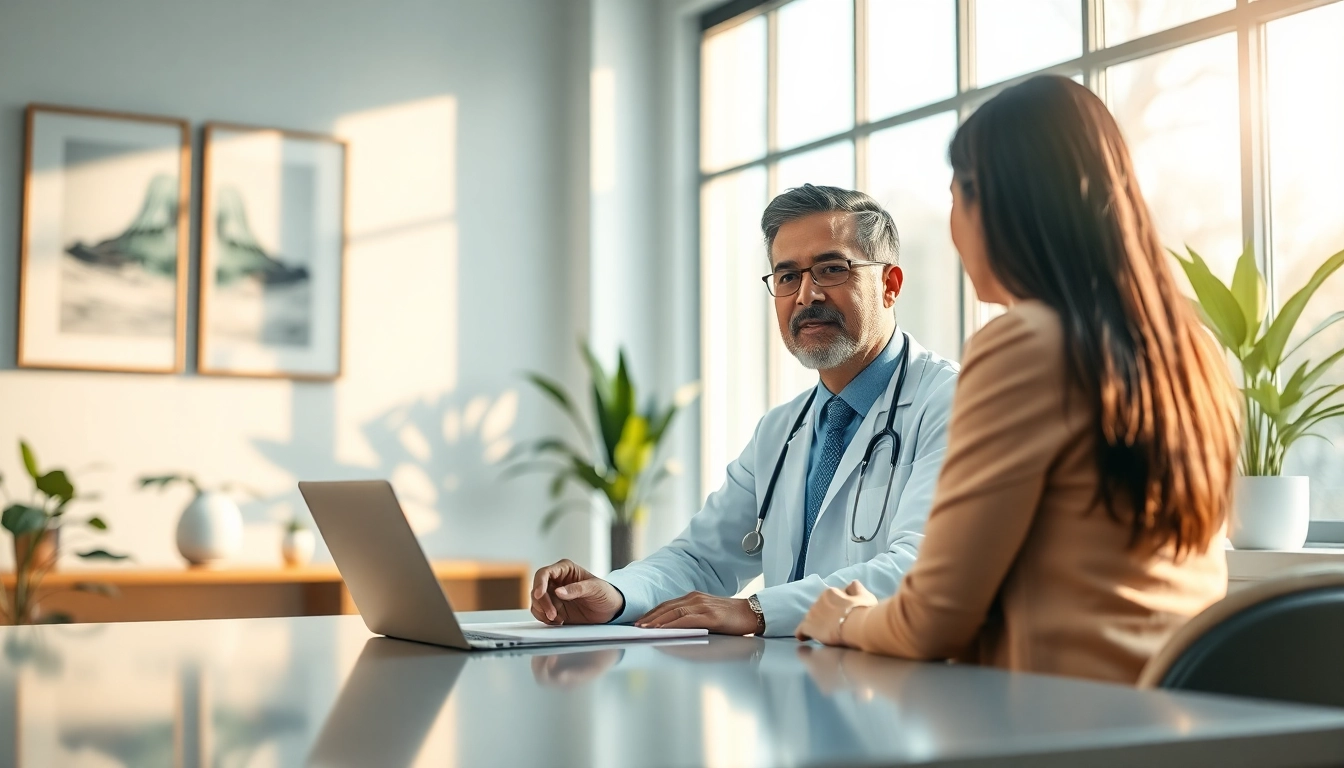 Engaged boutique doctor providing personalized healthcare in a modern office.